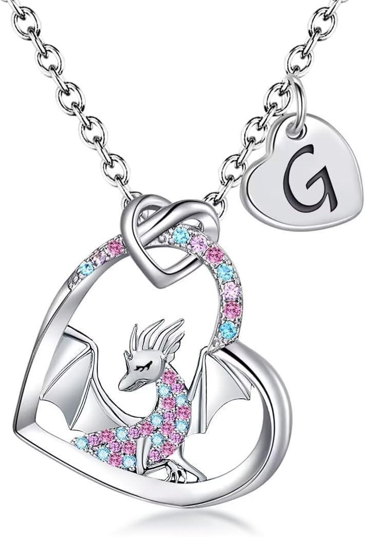 BAOWING Store Dragon Necklace Gifts for Kids Girls Rainbow Dinosaur Animal Pendant Colorful CZ Heart Letter Initial Jewelry Gifts for Daughter Granddaughter Niece Little Teen Girl - Image 1